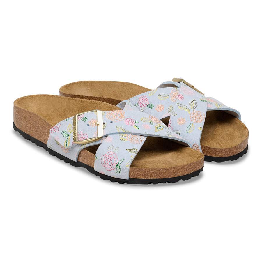 Siena Suede Leather - Baby Blue Flower Print