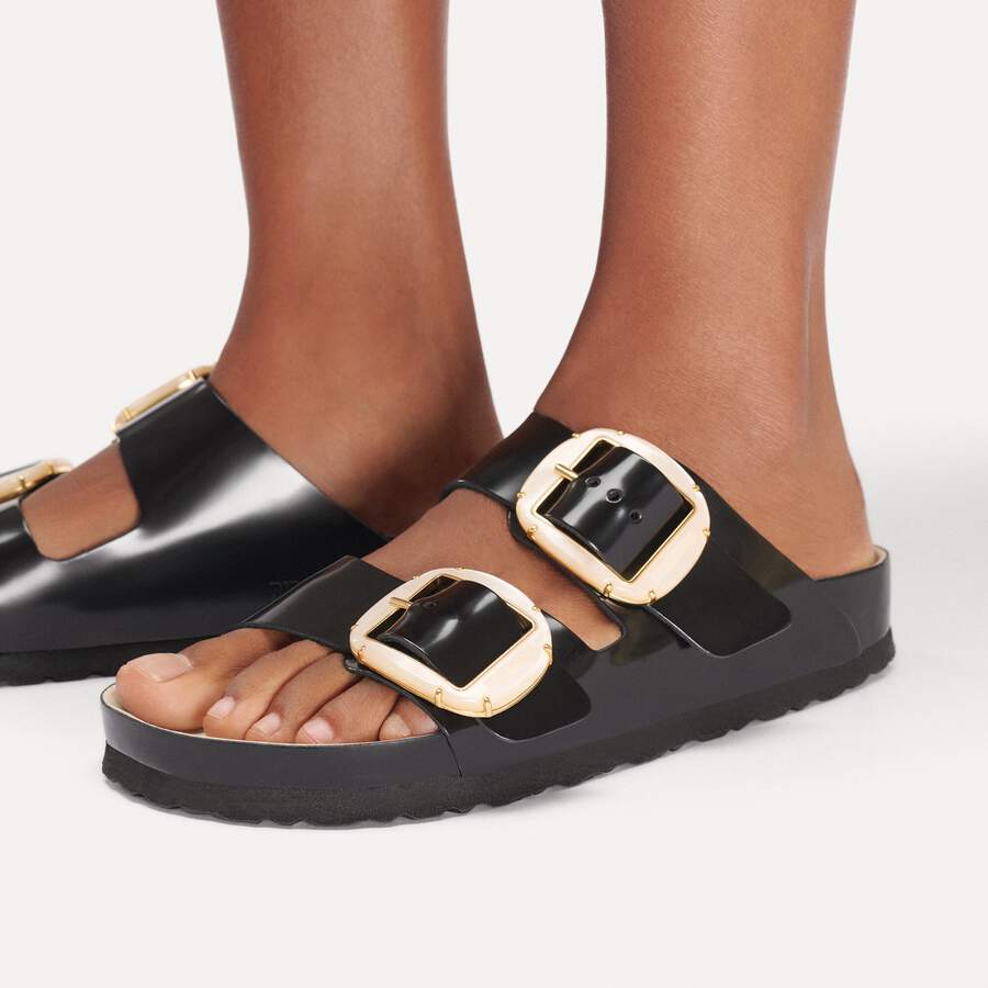 Arizona Big Buckle Natural Leather Patent - High-Shine Black/Ecru